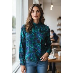 80's Nicola SZ 16 Floral High Neck‎ Teal Blue Blouse Women  Shoulder Pads